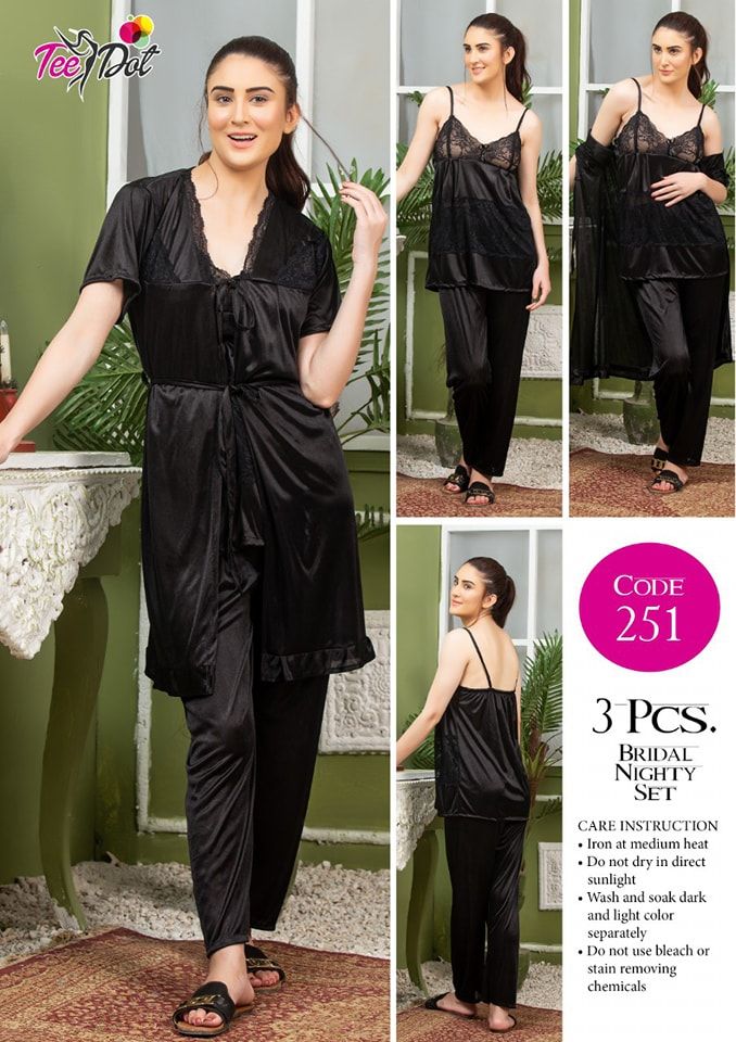 3 Piece Women's Top Relaxing Soft Silk Sleepwear (NN-251-Black)