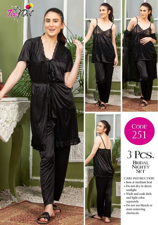 3 Piece Women's Top Relaxing Soft Silk Sleepwear (NN-251-Black)
