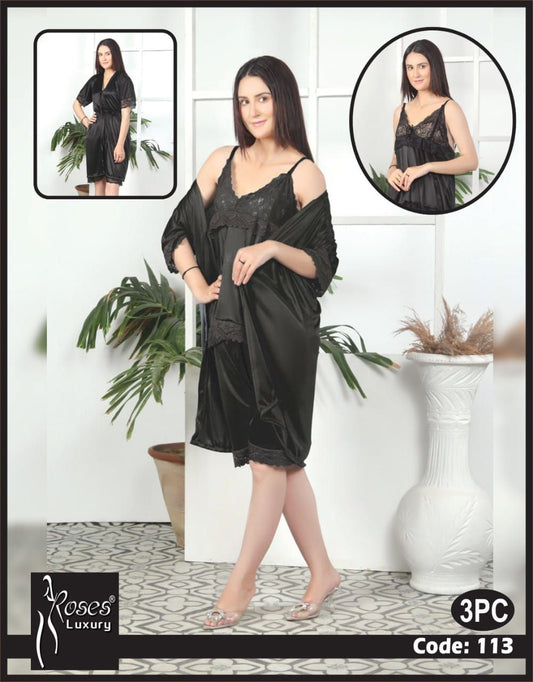 3 Piece Women's Top Relaxing Soft Silk Sleepwear (NN-113-Black)
