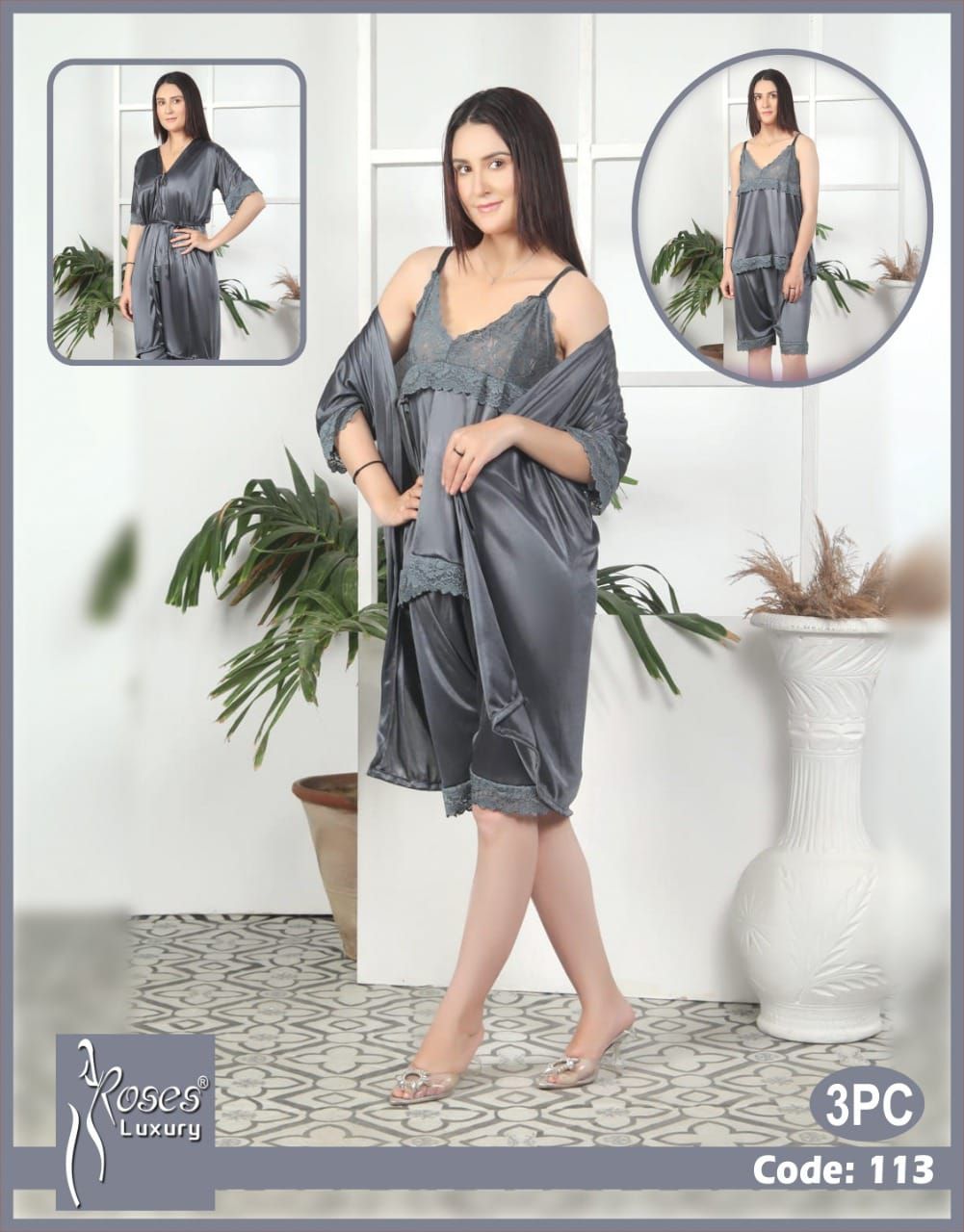 3 Piece Women's Top Relaxing Soft Silk Sleepwear (NN-113-Grey)